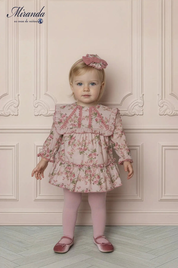 Vestido y pololo para bebe con estampado floral rosa y volante, Miranda
