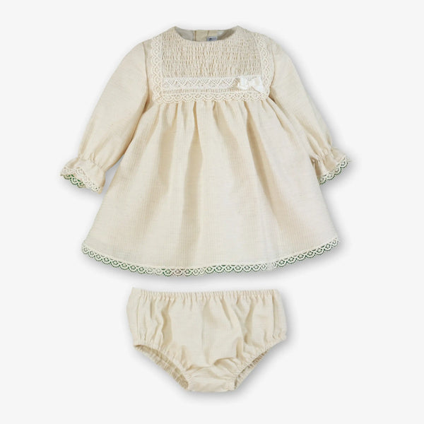 Vestido, Pololo y Gorro Bebé Crudo - frente