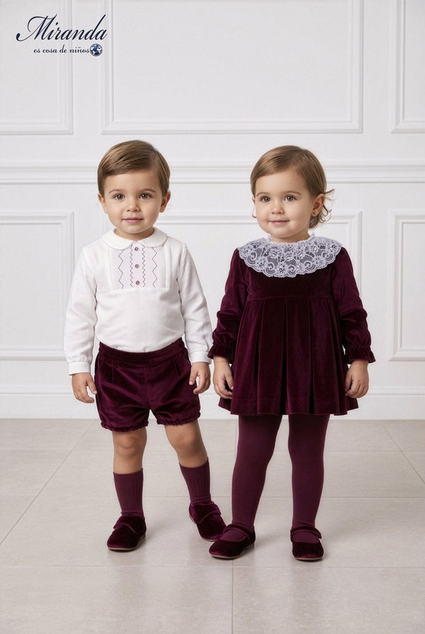 Conjunto de camisa y short de terciopelo burdeos para bebe nino, Miranda