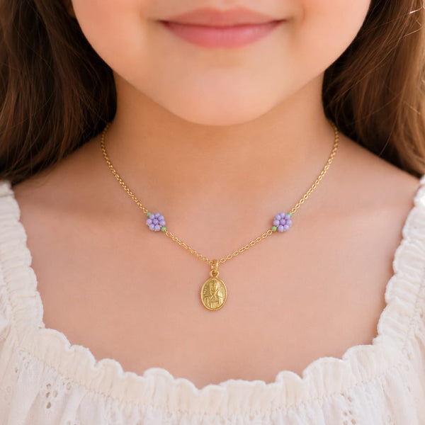 Medalla Virgen Sencilla con Flores Lilas