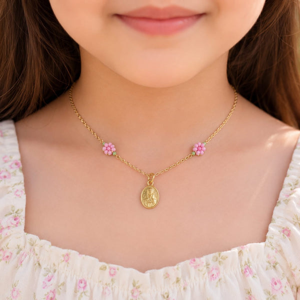 Medalla Virgen Sencilla con Flores Rosas