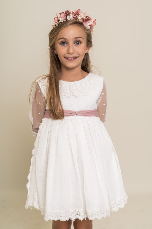 Vestido Etamin Pajarita Volante Lazo Rosa