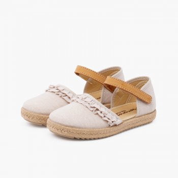Calzado Alpargata Niña Volantes Correa Piel Adherente Beige