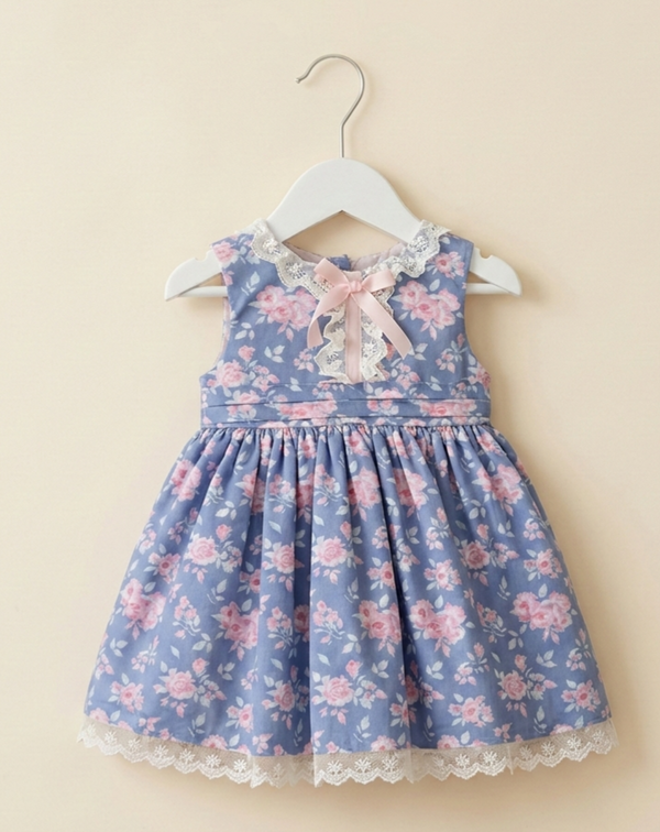 Vestido Talle Alto Florecitas Rosa Fondo Lila