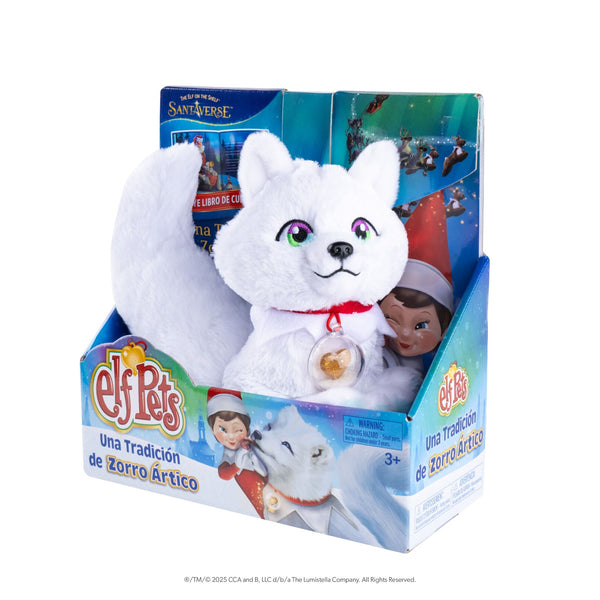Mascotas Elfo: una tradición de zorro ártico - Animal de peluche abrazable de zorro ártico de Mascotas Elfo - Incluye libro ilustrado, mini esfera de nieve y certificado de adopción