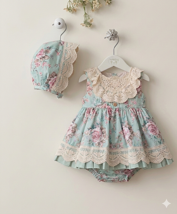 Jesusito con Capota y Braguita Flores Verde y Rosa