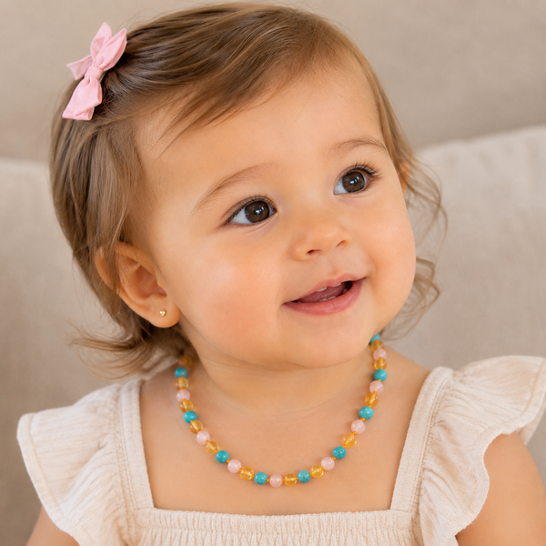 Collar de ámbar del Báltico con Gemas Rosas  y Azules