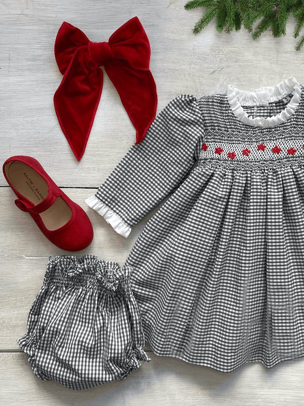 Ropa Vestido Punto Smock Cuadros Grises con Detalles Rojos