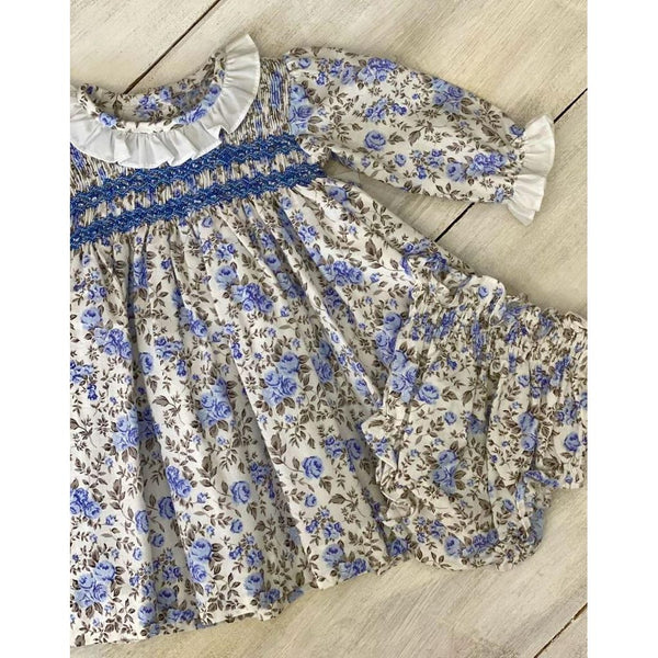 Ropa Vestido Punto Smock Flores Azules con Detalles Grises