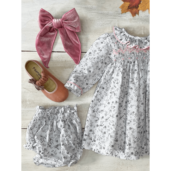 Ropa Vestido Punto Smock Flores Grises con Detalles Rosas