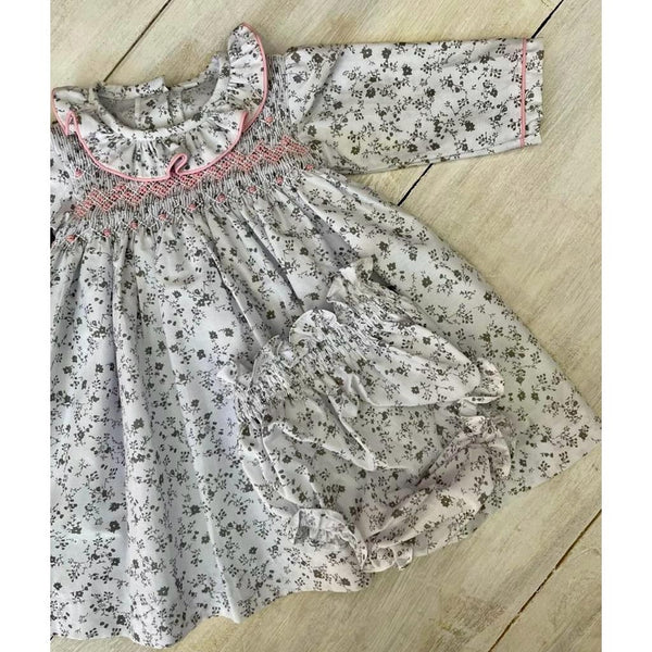 Ropa Vestido Punto Smock Flores Grises con Detalles Rosas