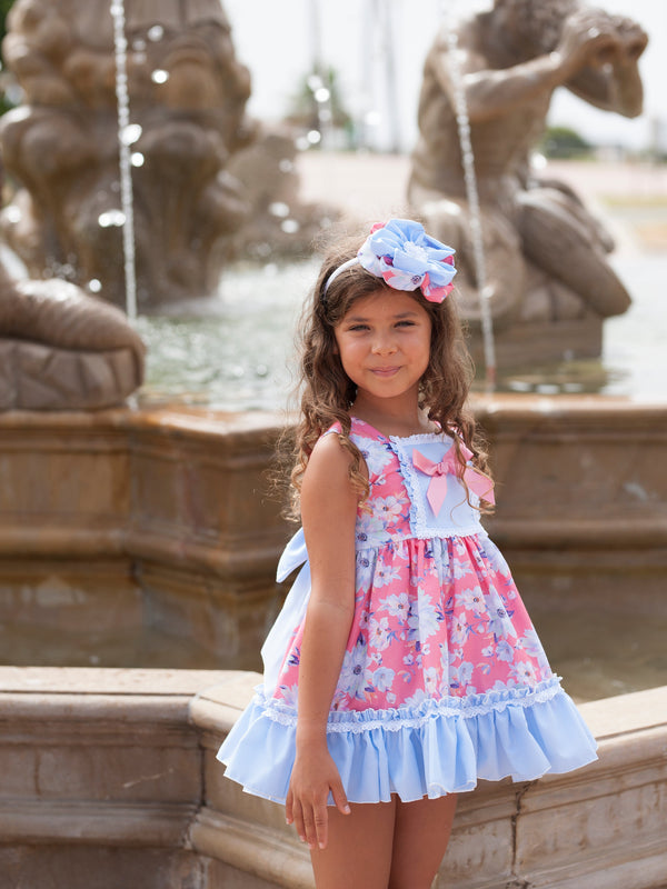 Vestido Talle Alto Flores Coral Rayas Celeste
