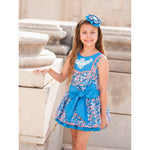 Vestido Talle Bajo Flor Almendro Azul y Coral