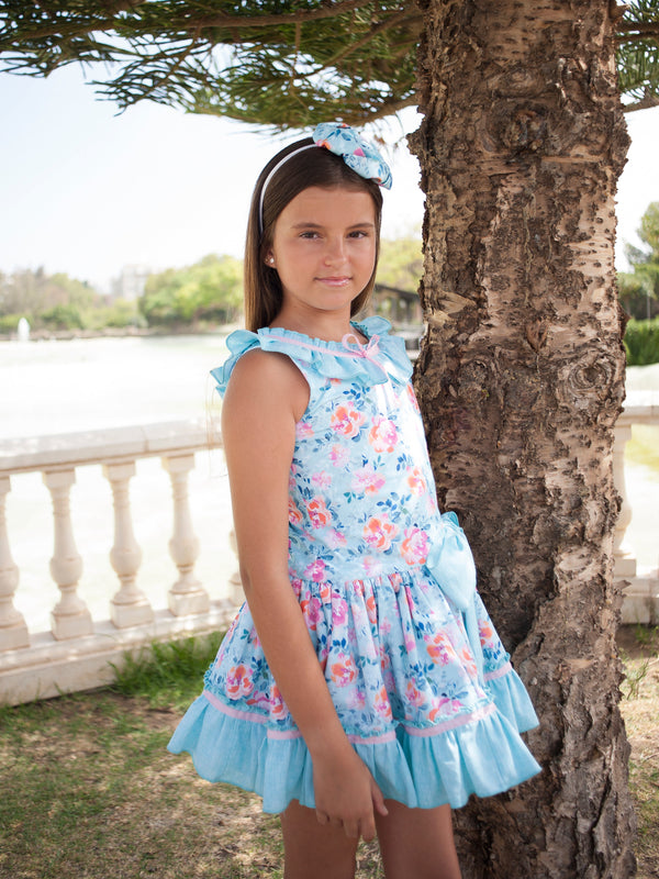 Vestido Talle Bajo Flores Turquesa y Rosa