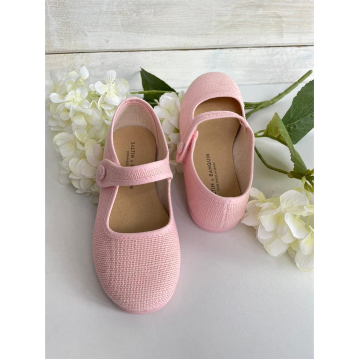 Calzado Mercedita Lino Velcro con Botón Rosa Pastel
