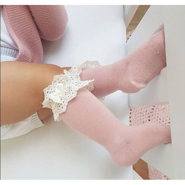 Complementos Calceta Alta con Puntilla y Lazo Rosa Palo