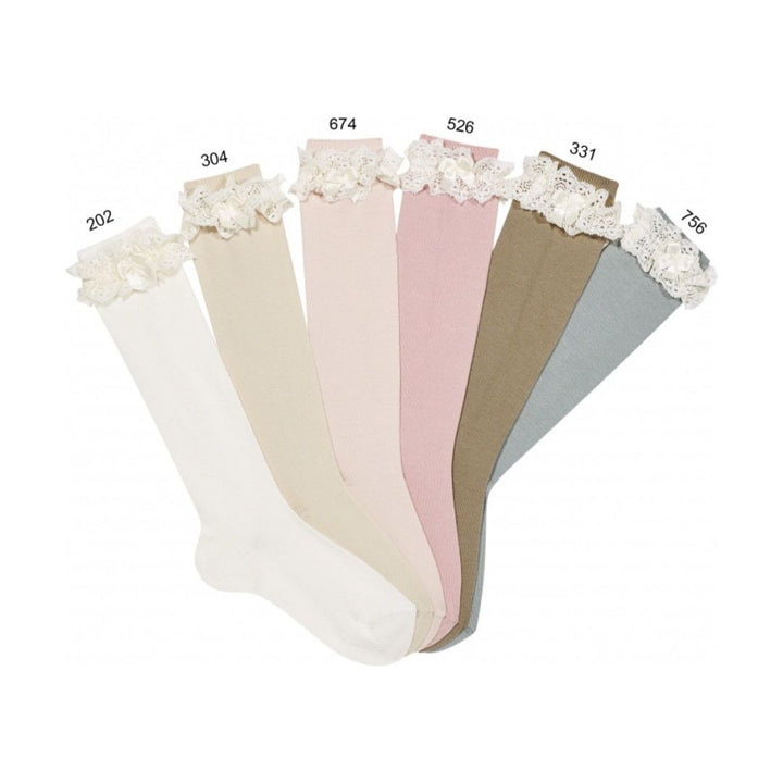 Complementos Calceta Alta con Puntilla y Lazo Rosa Palo