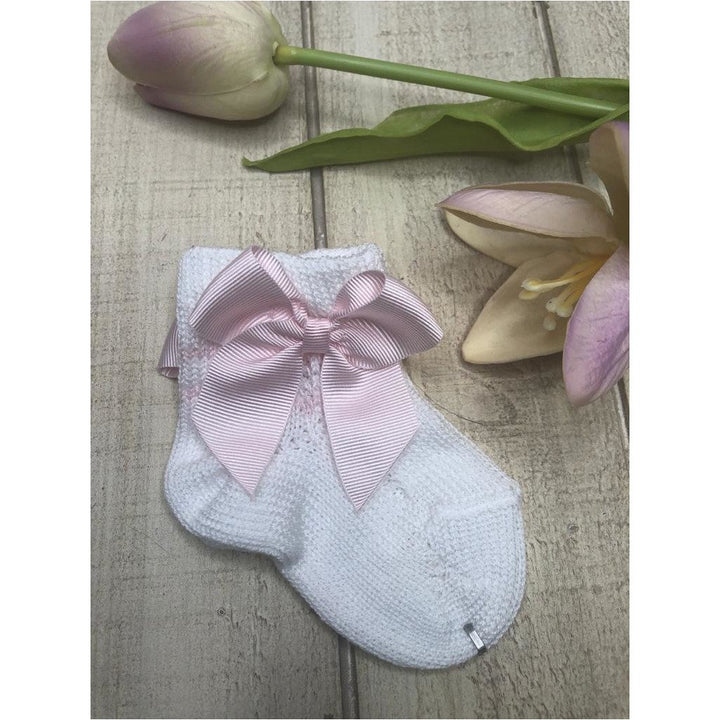 Complementos Calceta Corta Perlé Calada Lateral con Lazo ROSA PASTEL