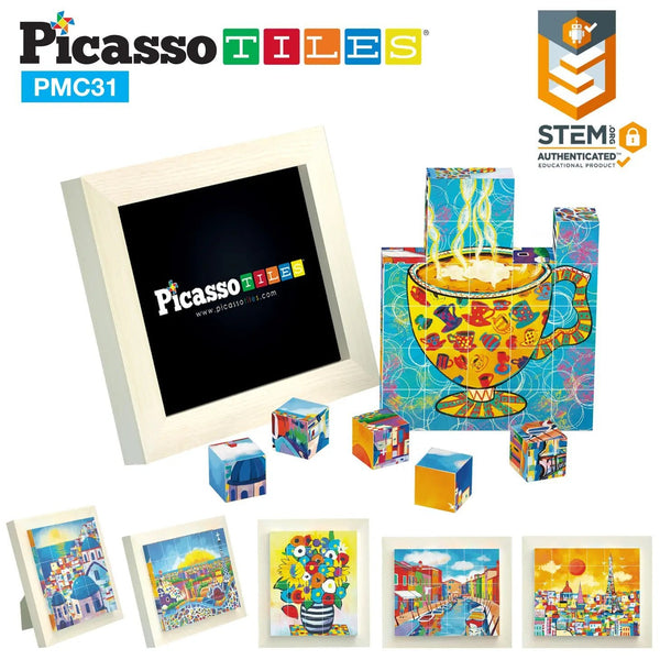 PicassoTiles - Cubos de rompecabezas magnéticos de 1.0 in, pinturas de fama mundial